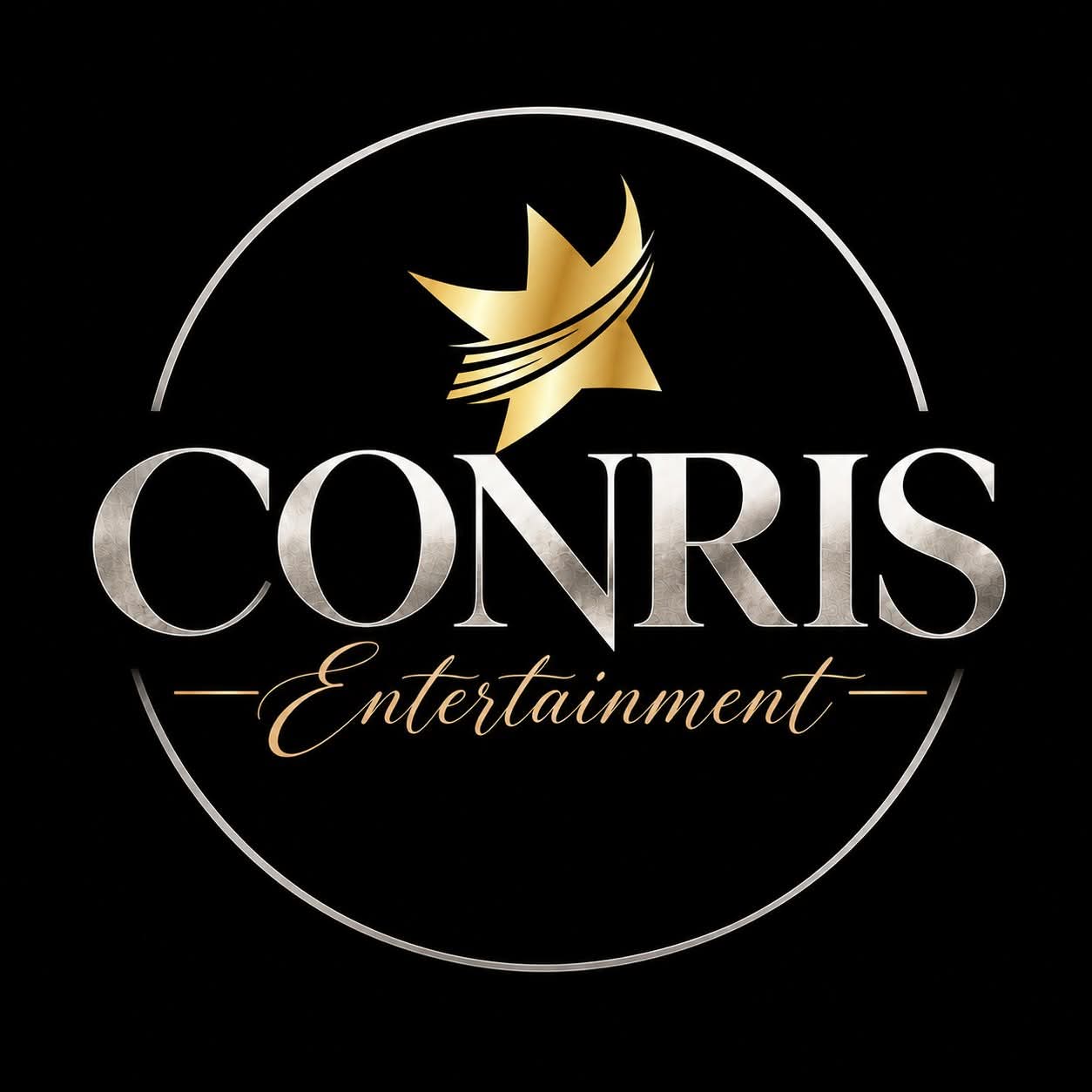 CONRIS Entertainment logo: a gold shooting star above the word CONRIS in silver, inside a silver circle